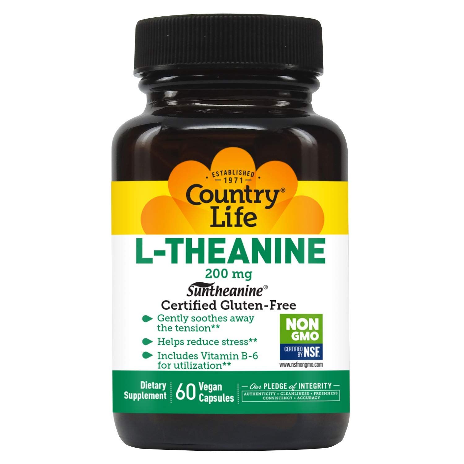 Country Life Unflavored Capsule Made with Suntheanine L-Theanine - Gluten Free Vitamin Supplement for Stress Relief - L-Theanine for Relaxation - Inositol Support - 60 Capsules