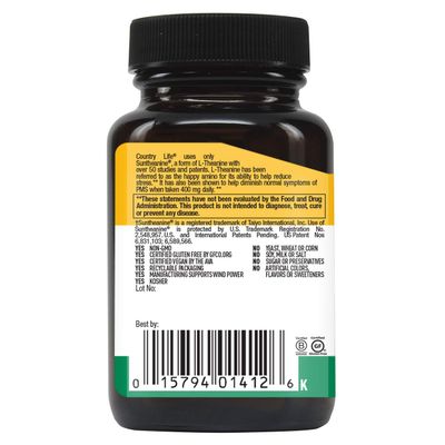 Country Life Unflavored Capsule Made with Suntheanine L-Theanine - Gluten Free Vitamin Supplement for Stress Relief - L-Theanine for Relaxation - Inositol Support - 60 Capsules