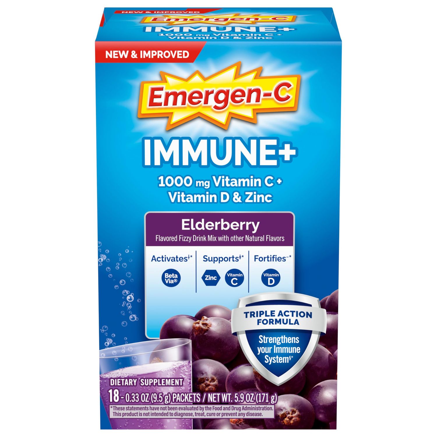 Emergen-C Immune+ Vitamin C 1000mg (18 Count, Elderberry) Dietary Supplement Fizzy Drink Mix Powder Packets