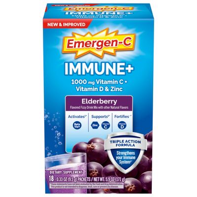 Emergen-C Immune+ Vitamin C 1000mg (18 Count, Elderberry) Dietary Supplement Fizzy Drink Mix Powder Packets