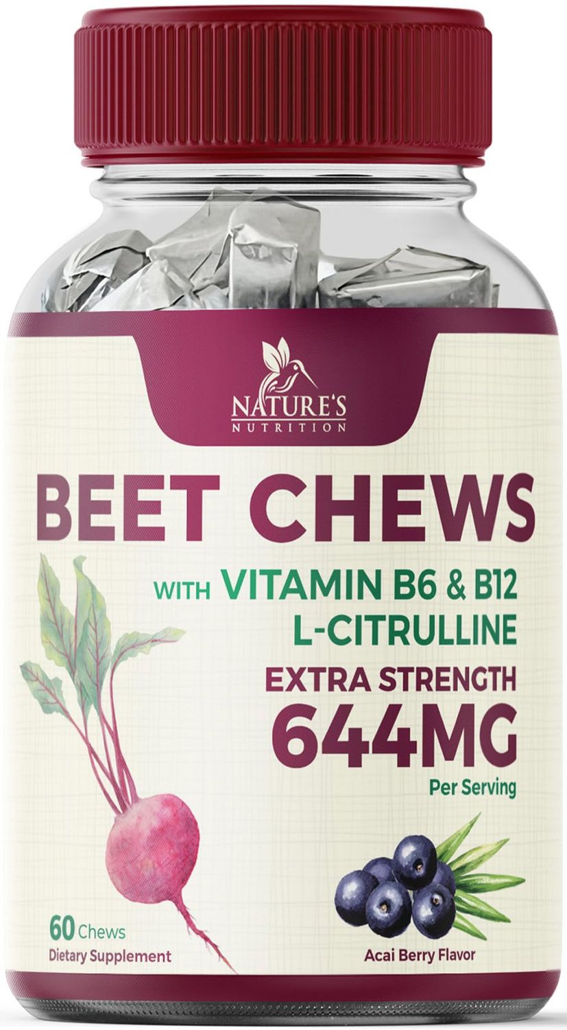 Beet Chews - Soft Beet Root Chewables with Grape Seed Extract Supports Heart Health &amp; Energy with Powerful Antioxidants - Nature&#39;s Beetroot Nitric Oxide Supplement, Berry Flavor - 60 Vegan Soft Chews