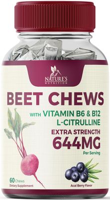 Beet Chews - Soft Beet Root Chewables with Grape Seed Extract Supports Heart Health &amp; Energy with Powerful Antioxidants - Nature&#39;s Beetroot Nitric Oxide Supplement, Berry Flavor - 60 Vegan Soft Chews