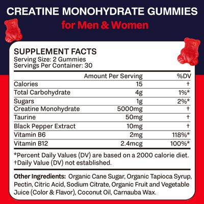 Creatine Monohydrate Gummies for Women & Men, Chewable Creatine Pre Workout Gummies for Men & Women, Taurine & B6, Creatine for Max Strength & Muscle Growth, Energy, Endurance - 2 Bottles