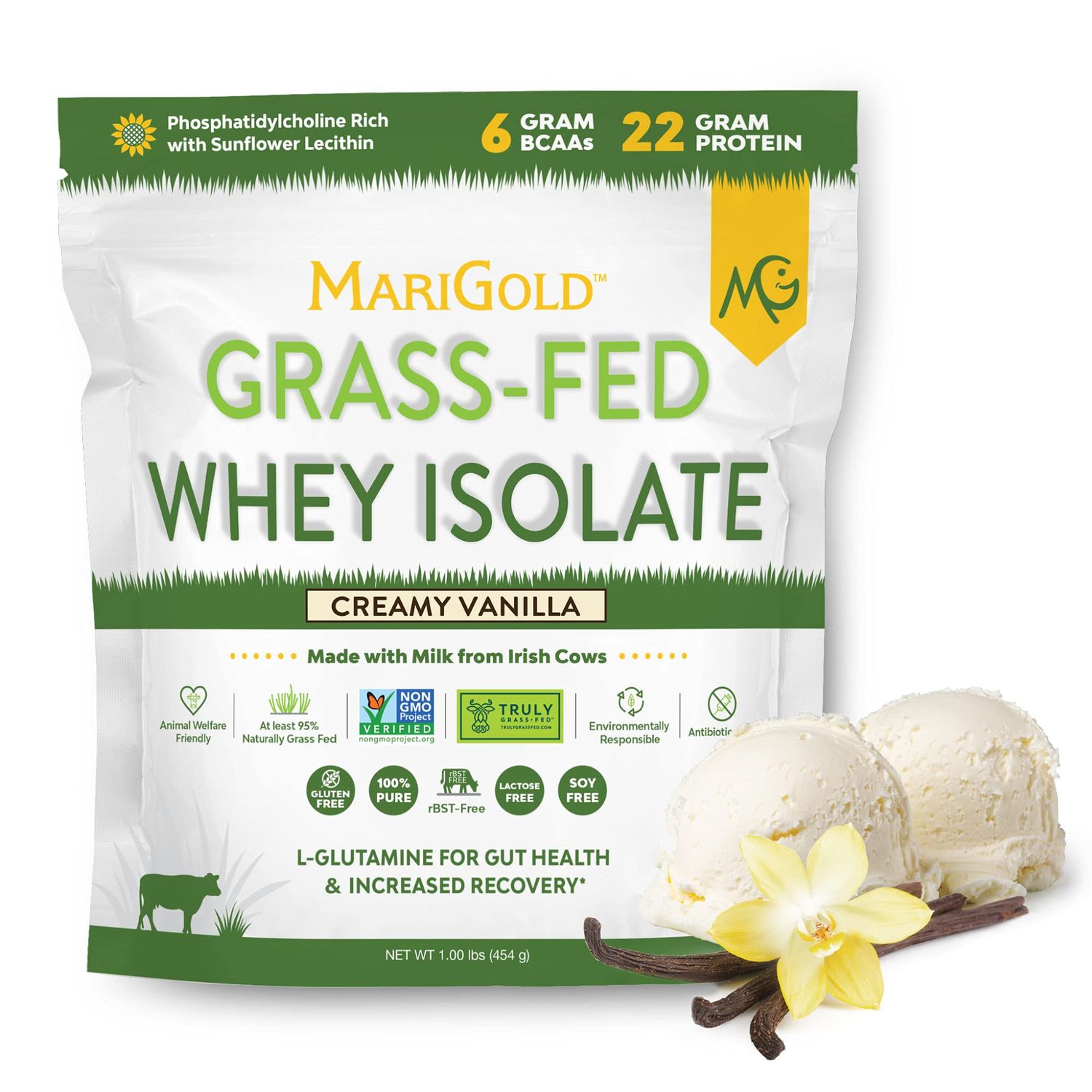 MariGold Grass-fed Whey Protein Isolate Powder - Creamy Vanilla Flavor - 1 Lb Bag | 100% Pure, Cold-Processed, Micro-Filtered, Undenatured, Non-GMO, rBGH Free, Soy Free, Gluten Free, Lactose Free