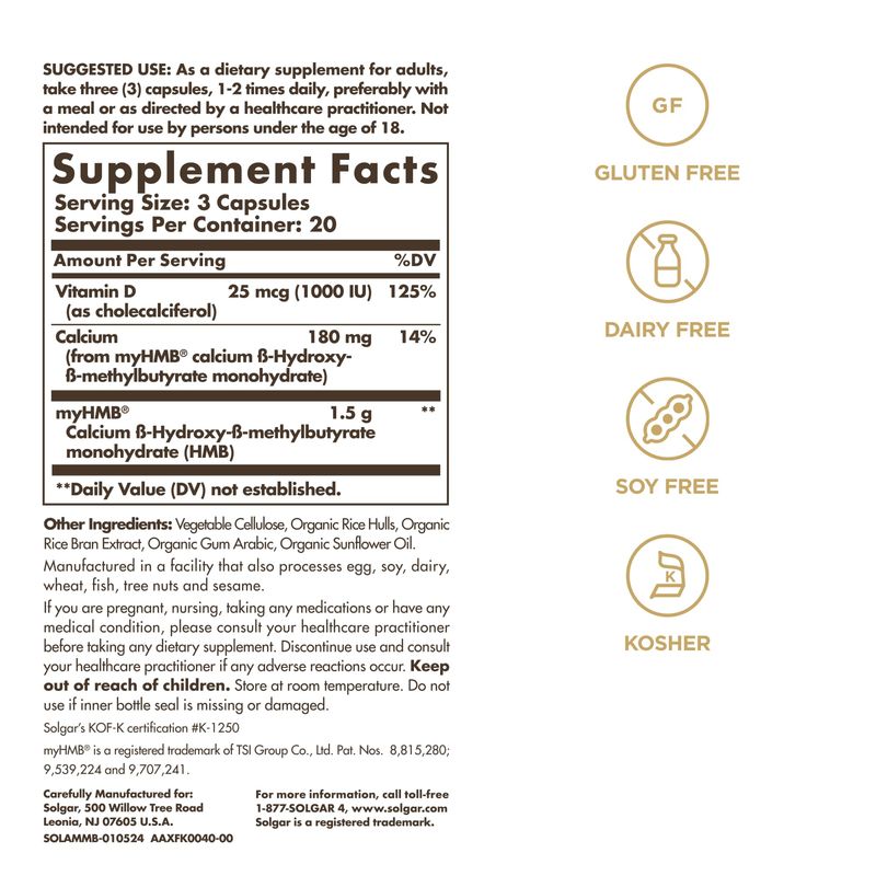 Solgar Muscle Maintenance Age-Defying Nutrition for Men &amp; Women-Support Muscle Mass with HMB (-Hydroxy methylbutyrate) and 125% Daily Value of Vitamin D, Soy and Gluten Free, 20 Servings