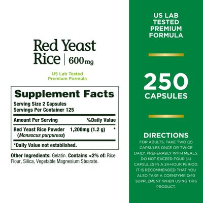 Nature's Bounty Red Yeast Rice, Herbal Supplement, 600mg, 250 Capsules