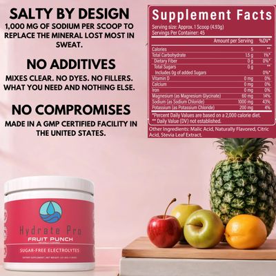 Hydrate Pro Sugar-Free Electrolyte Hydration Powder for Keto, Paleo, &amp; POTS - Salt Based - Key Element Electrolytes of Sodium, Potassium, Magnesium - Sweetened with Stevia - 45 Servings (Fruit Punch)