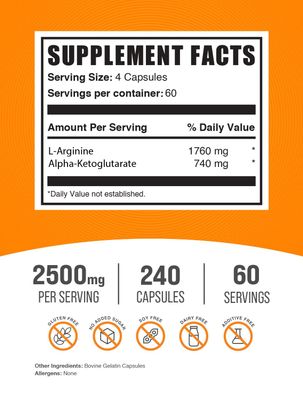 BulkSupplements.com AAKG Capsules - Arginine AKG Supplement, Nitric Oxide Supplement - Pure & Gluten Free, 4 Capsules per Serving (2500mg), 240 Capsules (Pack of 1)