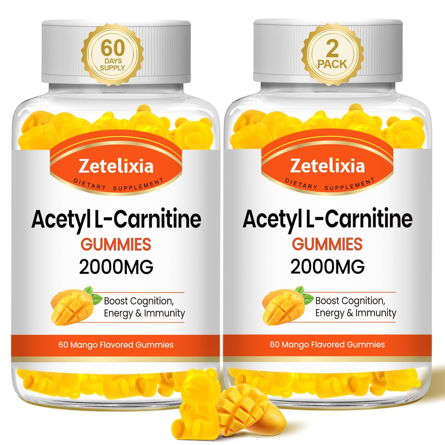 Zetelixia 2 Pack Acetyl L-Carnitine Gummies 2000mg, L-Carnitine Supplement for Promote Fatty Acids Oxidation, Nutrition Supplement for Boost Energy, Immunity &amp; Metabolism, Mango Flavor, 120 Count