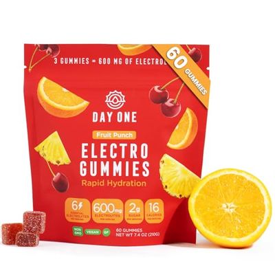 Day One Electrogummies Fruit Punch - Electrolyte Gummies for Runner, Athlete &amp; Everyday Use - Hydration Gummies with Essential Electrolytes - Alternative to Powders, Tablets, Chews - 60 Gummies