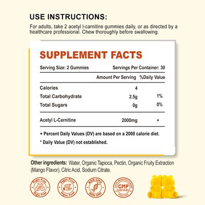 Zetelixia 2 Pack Acetyl L-Carnitine Gummies 2000mg, L-Carnitine Supplement for Promote Fatty Acids Oxidation, Nutrition Supplement for Boost Energy, Immunity & Metabolism, Mango Flavor, 120 Count