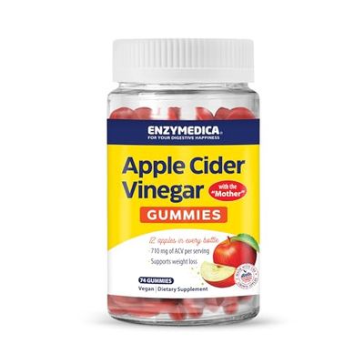 Enzymedica, Apple Cider Vinegar Gummies, Made with The Mother, 12 Organic, USA-Grown Apples per Bottle,[c][d] 1000 mcg Vitamin B12 per Serving, Natural Apple, 74 Count