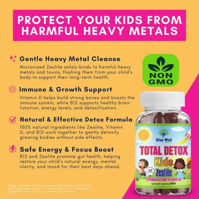Stay-Well Naturals Natural Zeolite Heavy Metal Detox Kids, Chewable Gummy, Micronized Zeolite, Total Body Metal Cleanse, Toxin Cleanse, Non-GMO, 60 Mixed Berry Gummies