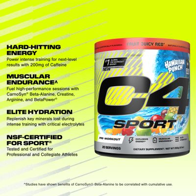 Cellucor C4 Sport Pre Workout Powder - NSF Certified for Sport - Elite Hydration - 200mg Caffeine + Creatine + Beta-Alanine - Electrolytes and Energy Supplement - Hawaiian Punch, 20 Servings