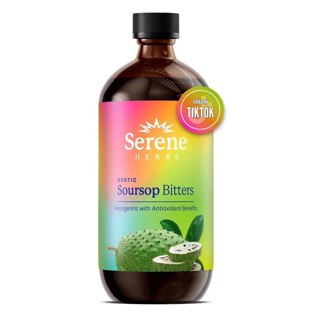 Soursop Bitters Liquid with Soursop Leaves for Gut Health &amp; Immune Boost by Serene Herbs, Organic Herbal Blend with Black Seed, Moringa, Ashwaganda, Senna, Goat Weed &amp; Ginger 16 fl oz |