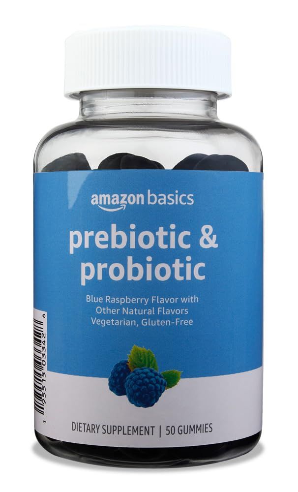 Amazon Basics Prebiotic &amp; Probiotic Gummies, 2 Billion CFU, Blue Raspberry, 50 Count (2 per Serving) (Previously Solimo)