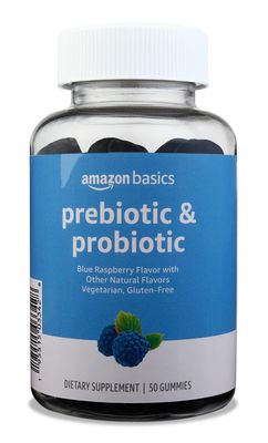 Amazon Basics Prebiotic &amp; Probiotic Gummies, 2 Billion CFU, Blue Raspberry, 50 Count (2 per Serving) (Previously Solimo)