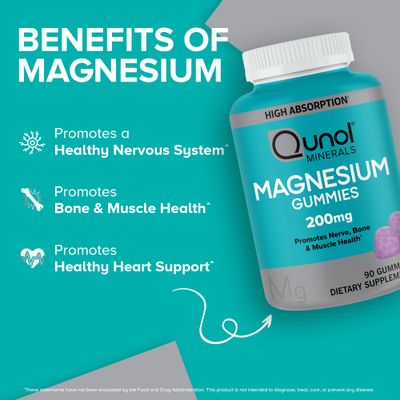 Qunol Magnesium Gummies for Adults, 200mg Elemental Magnesium (from 1,750mg Magnesium Citrate), High Absorption Magnesium Supplement, Supports Nerve, Bone and Muscle Health, Vegetarian, 90 Count