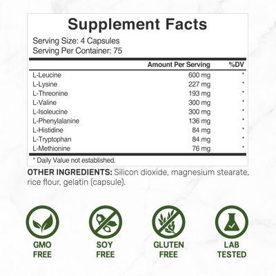 Essential Amino Acids (EAA) 2000mg Per Serving, 300 Capsules - Unflavored - 9 in 1, All BCAAs (Branched-Chain Aminos) - Lean Muscle Support &amp; Natural Pre Workout Supplement