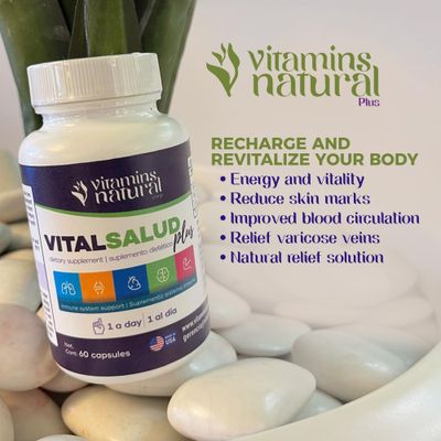 Vitamins Natural - Vital Salud Plus - Organic Immune System Support Supplement with Nopal Cactus, L-Carnitine Base - Supports Bone Health, Reduces Varicose Veins, Improve Skin Appearance (60 Capsules)