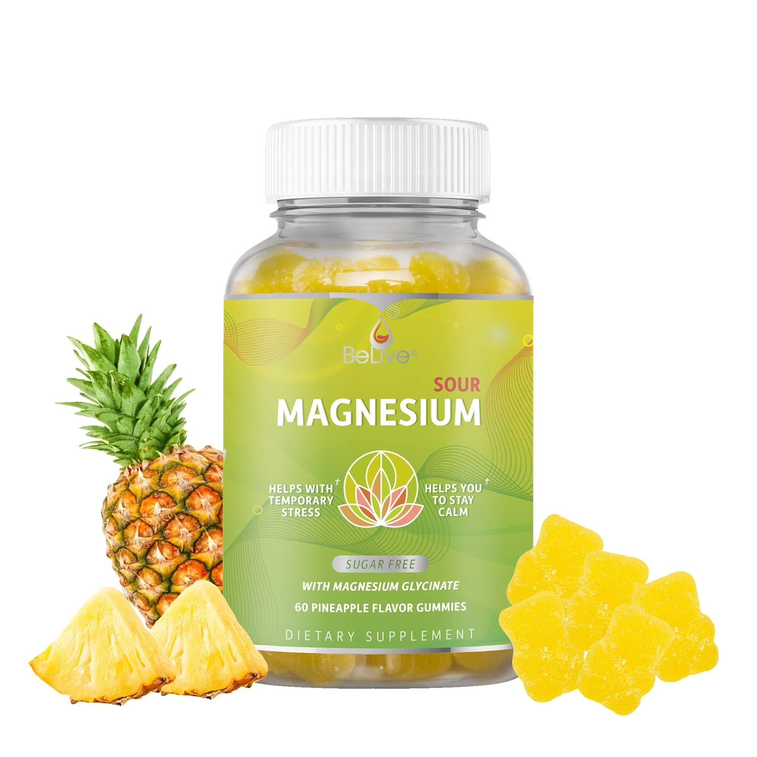BeLive Magnesium Gummies 200mg - 60 Ct | Magnesium Glycinate Supplements for Relaxation, Stress Relief, and Sleep for Adults &amp; Kids - Tasty and Tangy Pineapple Flavor