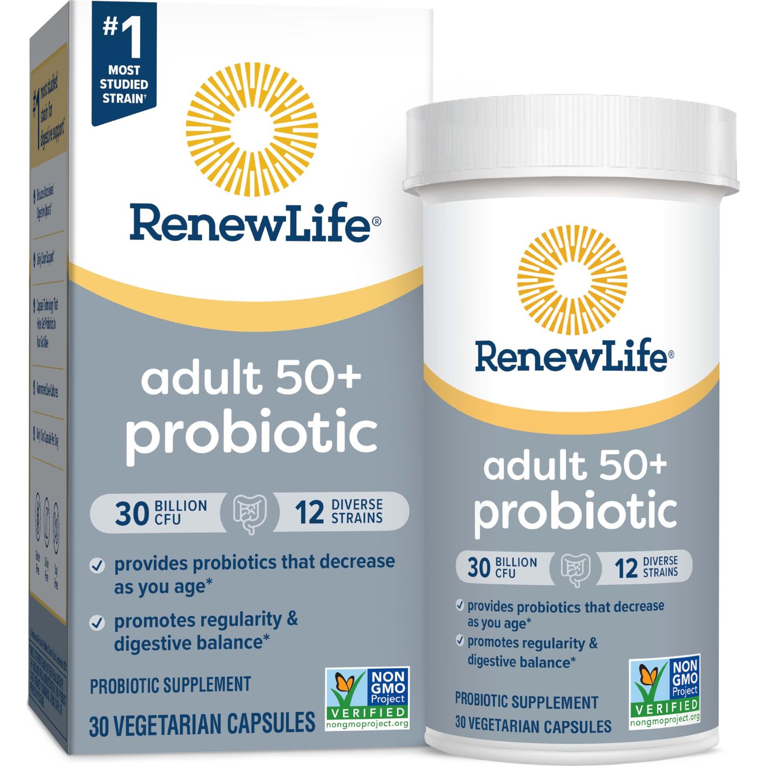 Renew Life Probiotic Adult 50 Plus Probiotic Capsules, Daily Supplement Supports Urinary, Digestive and Immune Health, L. Rhamnosus GG, Dairy, Soy and gluten-free, 30 Billion CFU, 30 Count