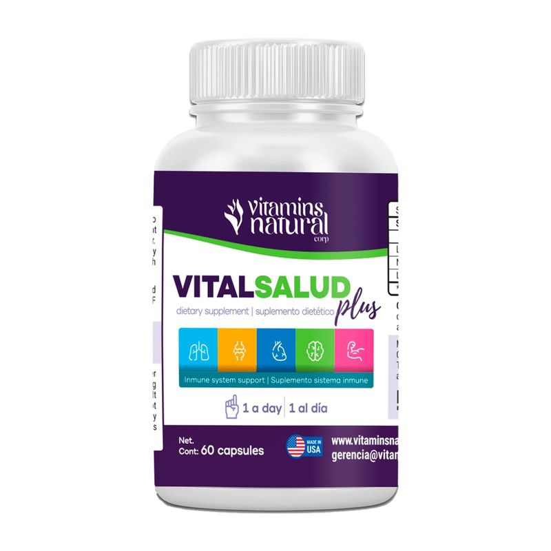 Vitamins Natural - Vital Salud Plus - Organic Immune System Support Supplement with Nopal Cactus, L-Carnitine Base - Supports Bone Health, Reduces Varicose Veins, Improve Skin Appearance (60 Capsules)