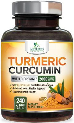 Turmeric Curcumin Supplement with BioPerine 95% Curcuminoids 2600mg with Black Pepper for Best Absorption, Bottled in USA, Best Natural Vegan Joint Support, Nature&#39;s Non-GMO Tumeric - 240 Capsules