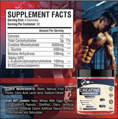 S.G Creatine Monohydrate Gummies for Men & Women Sugar Free 5g Creatine Monohydrate Gummies for Muscle Support Pre-Work Out Chewable Supplements for Energy Boost Strawberry Flavored 120 Gummies