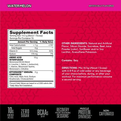 BSN Amino X Muscle Recovery & Endurance Powder with BCAAs, Intra Workout Support, 10 Grams of Amino Acids, Keto Friendly, Caffeine Free, Flavor: Watermelon, 70 Servings (Packaging May Vary)
