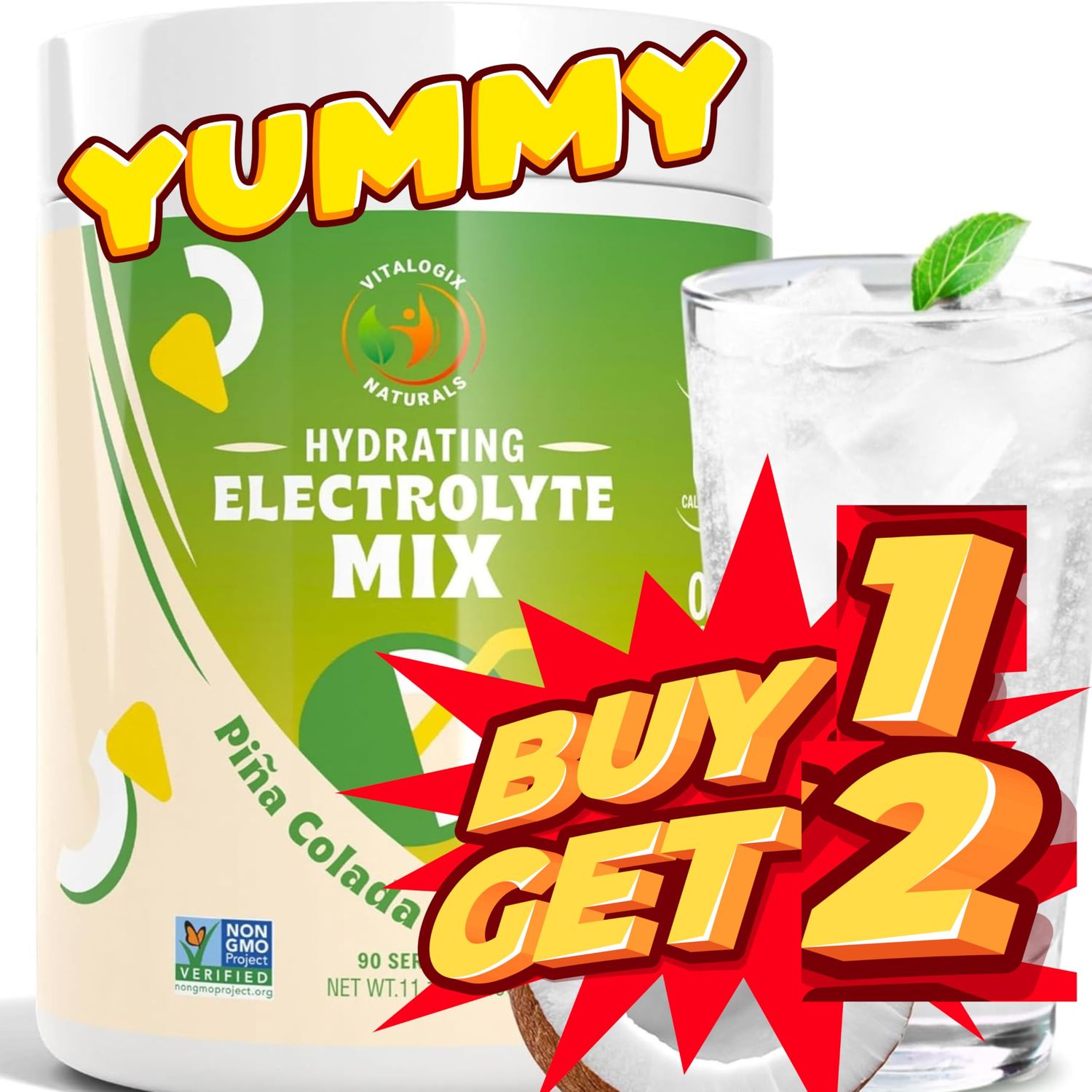 Vitalogix Naturals Electrolytes Powder No Sugar - Coconut Hydration Powder, Zero Calories, Carbs or Artificial Ingredients, Rehydration Sugar Free Electrolyte Drink Mix, Keto - 90 Servings