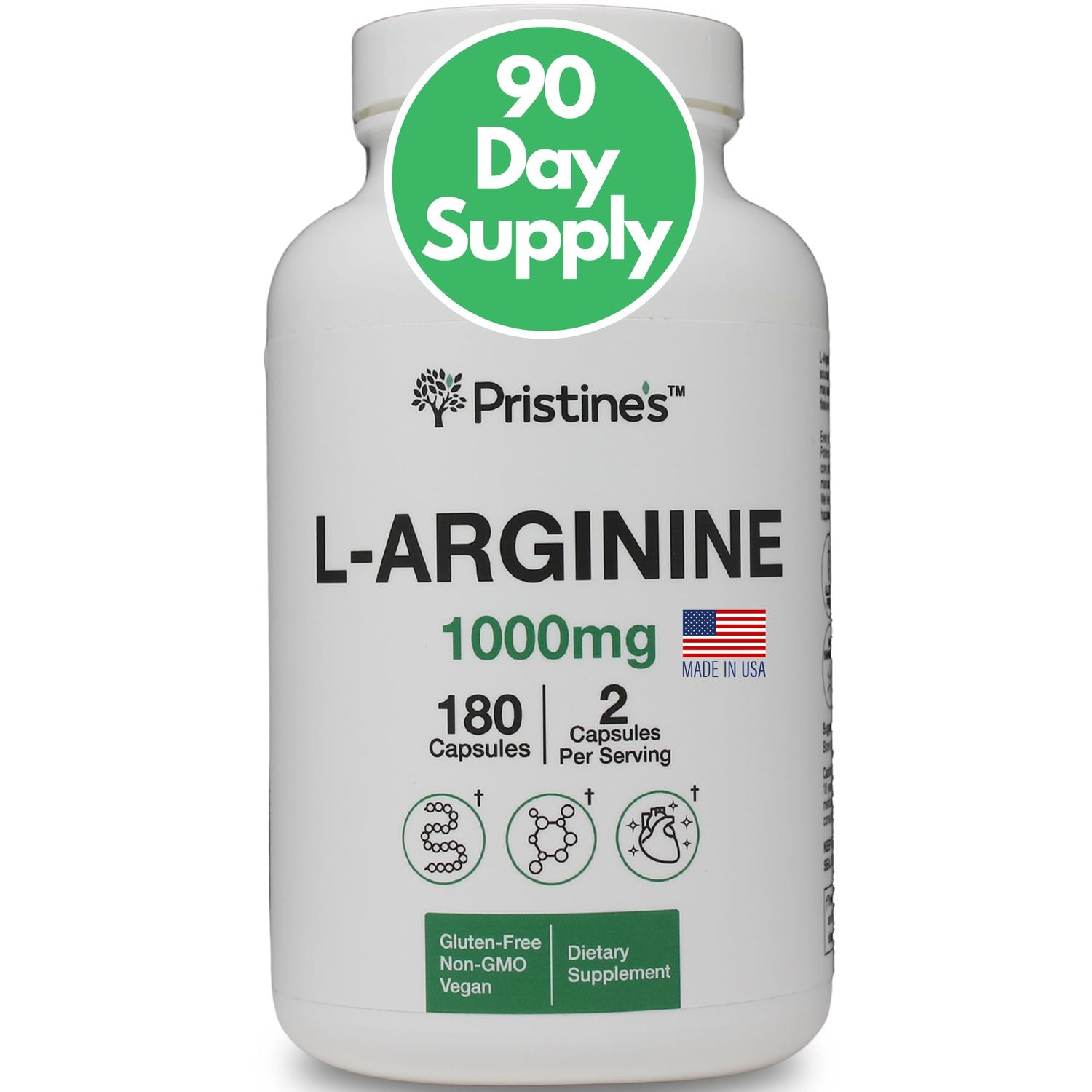 PRISTINE&#39;S L Arginine 1000mg Nitric Oxide Blood Flow Supplement Capsules - 90 Day Supply - Pre Workout Amino Acid Sports Nutrional Energy &amp; Endurance Supplement