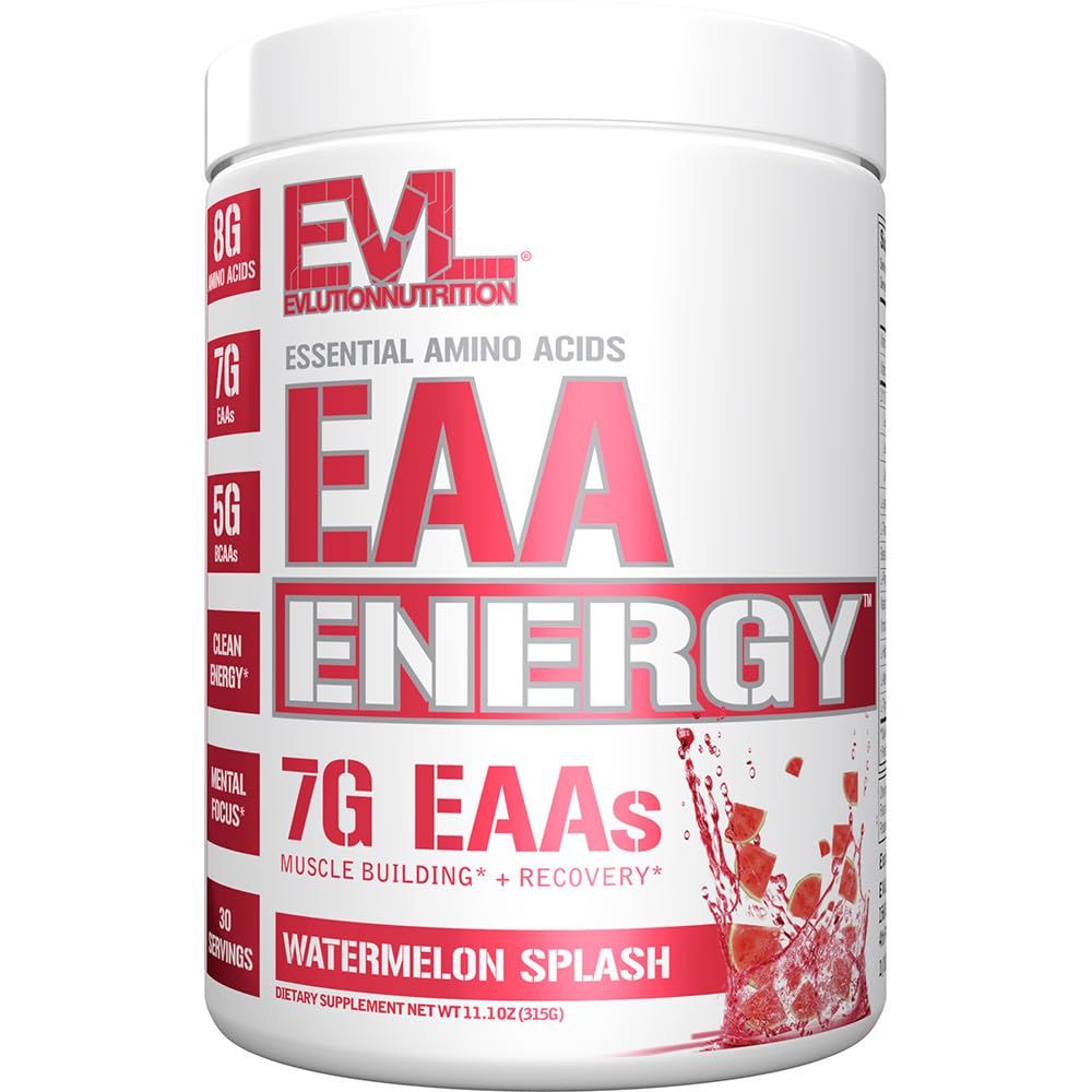 Evlution Nutrition EAA Energy - Pre &amp; Post Workout Powder - Muscle Building &amp; Recovery Supplement - 7g Essential Amino Acids + 5g BCAAs - Clean Energy - With Caffeine - 30 Servings - Watermelon Splash