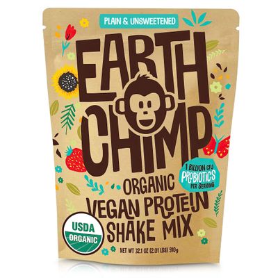 EarthChimp Organic Vegan Protein Powder - with Probiotics - Non GMO, Dairy Free, Non Whey, Plant Based Protein Powder for Women and Men, Gluten Free - 26 Servings 32 Oz (Plain &amp; Unsweetened)