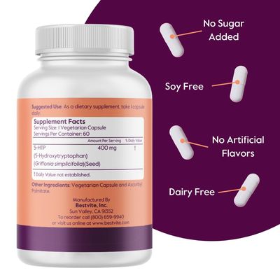 BESTVITE 5-HTP 400mg per Capsule (60 Vegetarian Capsules) - No Stearates - Vegan - Non GMO - Gluten Free - Extra Strength 5HTP