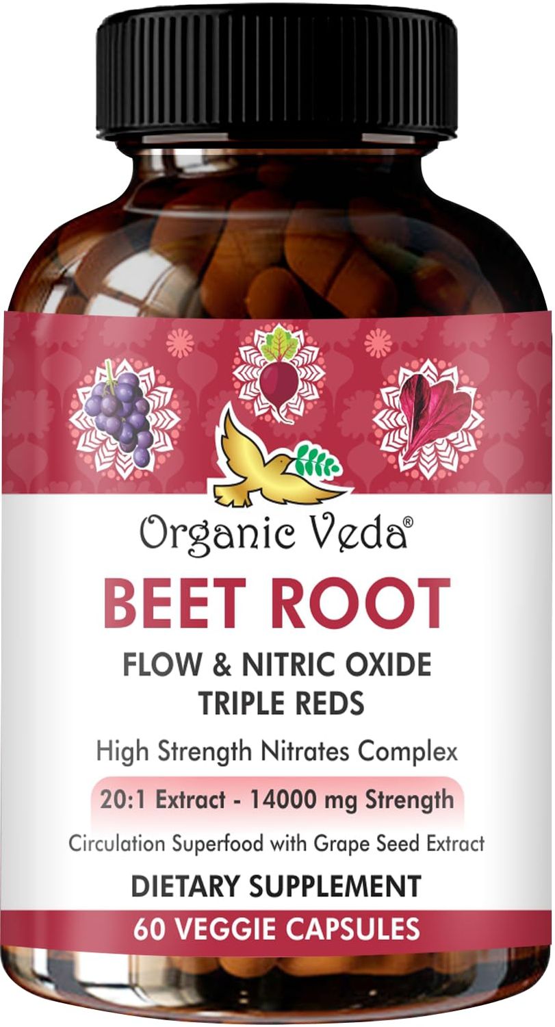 Organic Veda Beet Root Triple Reds Flow &amp; Nitric Oxide Supplement, 20:1 Extract - 14000mg High Strength Nitrates Supplements with Super Red Foods Beetroot, Pomegranate, Red Spinach Extract, 60 Capsule
