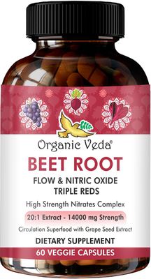 Organic Veda Beet Root Triple Reds Flow &amp; Nitric Oxide Supplement, 20:1 Extract - 14000mg High Strength Nitrates Supplements with Super Red Foods Beetroot, Pomegranate, Red Spinach Extract, 60 Capsule