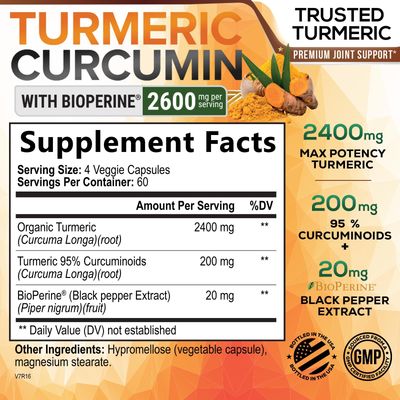 Turmeric Curcumin Supplement with BioPerine 95% Curcuminoids 2600mg with Black Pepper for Best Absorption, Bottled in USA, Best Natural Vegan Joint Support, Nature's Non-GMO Tumeric - 240 Capsules
