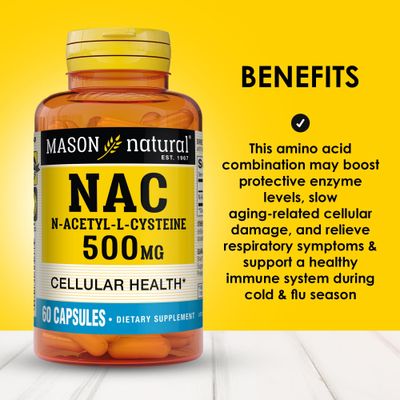 Mason Natura NAC N-Acetyl-L-Cysteine 500 mg, 2 Month Supply, Supports Normal Cellular Health, Immune System Booster for General Wellness, 60 Capsules