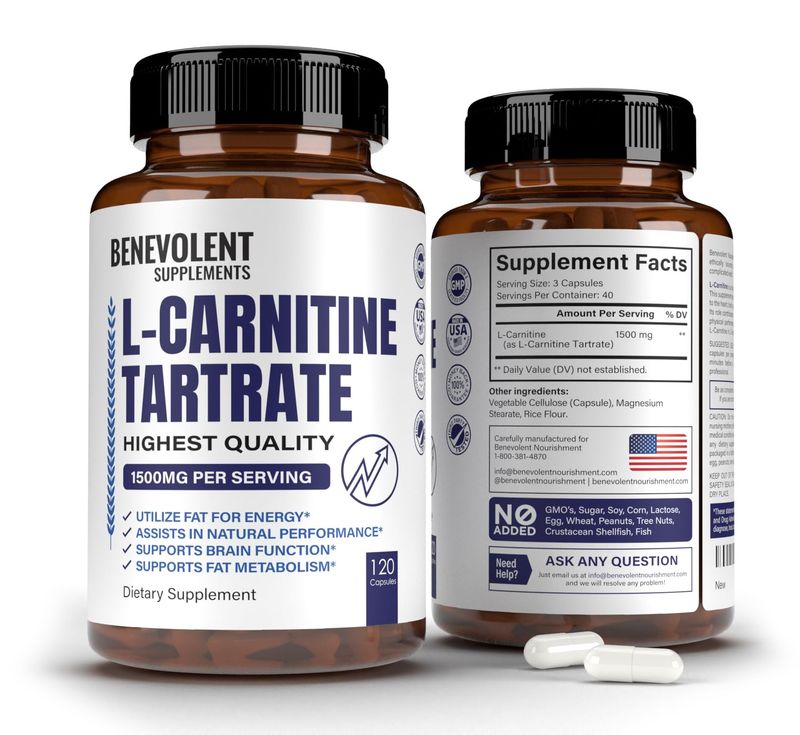 Premium L-Carnitine Tartrate Supplement - 1500mg - Utilize Fat for Energy with Tartrate, Lean Muscle Gain, Boost Natural Energy, Support Metabolism &amp; Fatigue - 120 Non-GMO Pure L Carnitine Capsules
