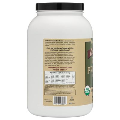 NutriBiotic Certified Organic Rice Protein Plain, 3 Pound | Low Carbohydrate Vegan Protein Powder | Raw, Certified Kosher &amp; Keto Friendly | Made Without Chemicals, GMOs &amp; Gluten | Easy to Digest