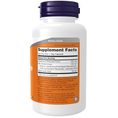 NOW Foods Supplements, Glutathione 500 mg, With Milk Thistle Extract &amp; Alpha Lipoic Acid, Free Radical Neutralizer*, 60 Veg Capsules