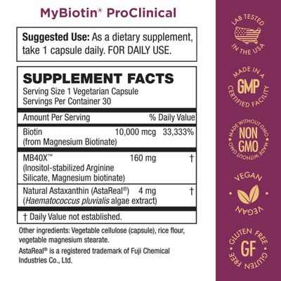 Purity Products MyBiotin ProClinical - Thicker Hair Starting in 3 Weeks &amp; Fights Wrinkles - MB40X Patented Biotin Matrix w/Astaxanthin - 40X More Soluble vs Ordinary Biotin 30 Veg Cap