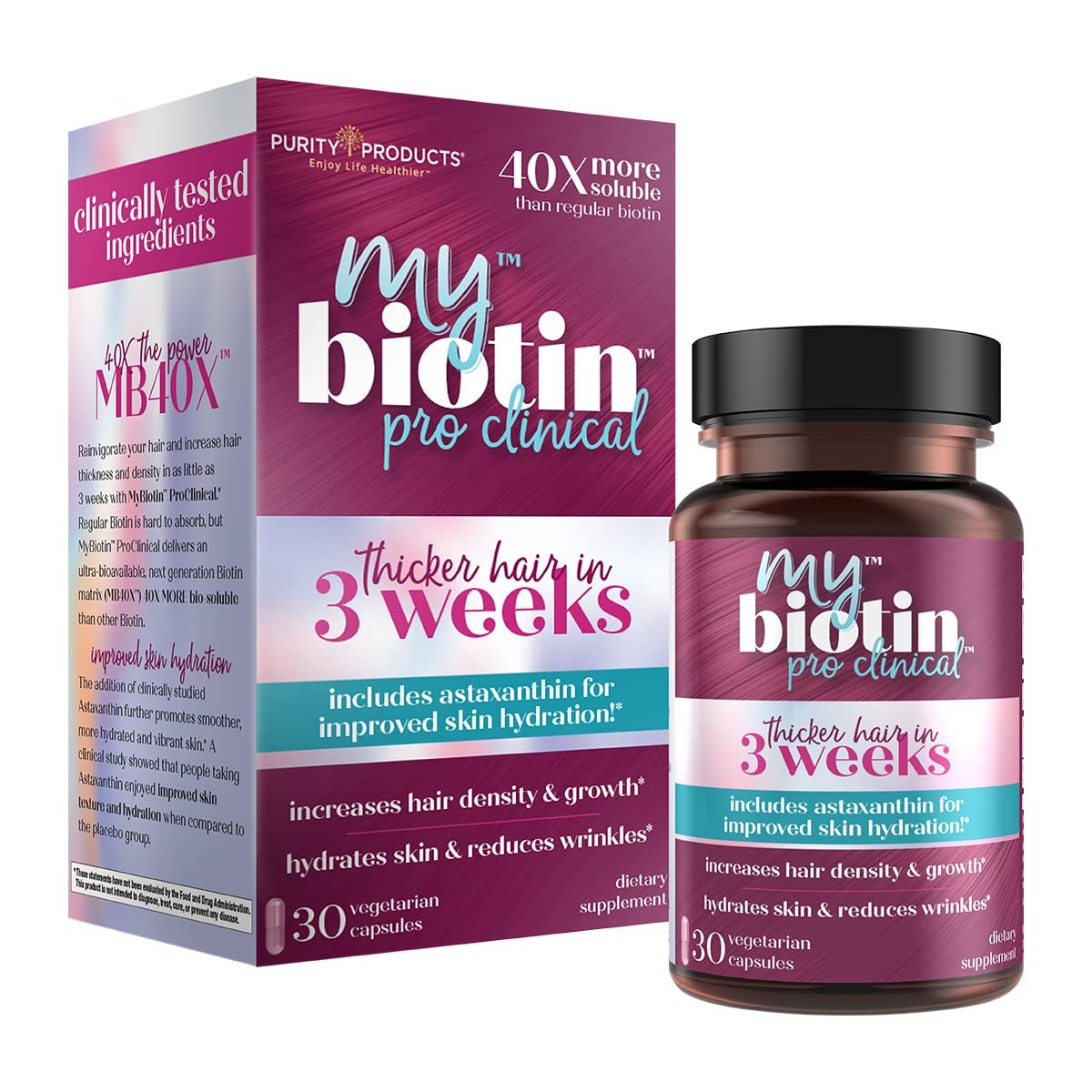 Purity Products MyBiotin ProClinical - Thicker Hair Starting in 3 Weeks &amp; Fights Wrinkles - MB40X Patented Biotin Matrix w/Astaxanthin - 40X More Soluble vs Ordinary Biotin 30 Veg Cap