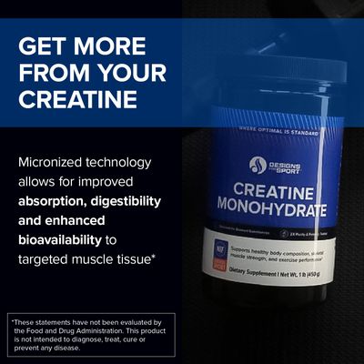 Designs for Sport Creatine Monohydrate Powder - NSF Certified for Sport Creatine Supplement to Support Muscle Recovery, Pre + Post Workout Strength and Energy (1 lb / 90 Servings)