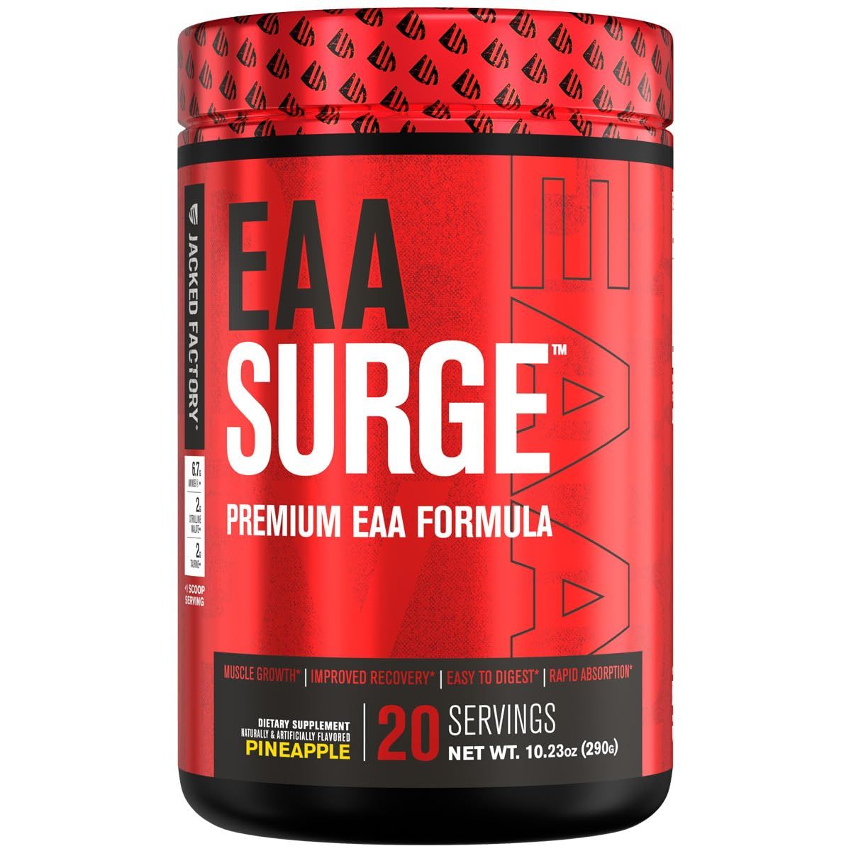 Jacked Factory EAA Surge Essential Amino Acids Powder - EAAS &amp; BCAA Intra Workout Supplement w/L-Citrulline, Taurine, &amp; More for Muscle Building, Strength, Endurance, Recovery - Pineapple, 20sv