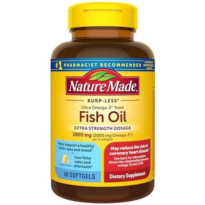 Nature Made Extra Strength Omega 3 Fish Oil 2800 mg per serving, Fish Oil Supplements as Ethyl Esters, Omega 3 Supplement for Healthy Heart, Brain, Eyes, and Mood Support, 60 Softgels, 30 Day Supply