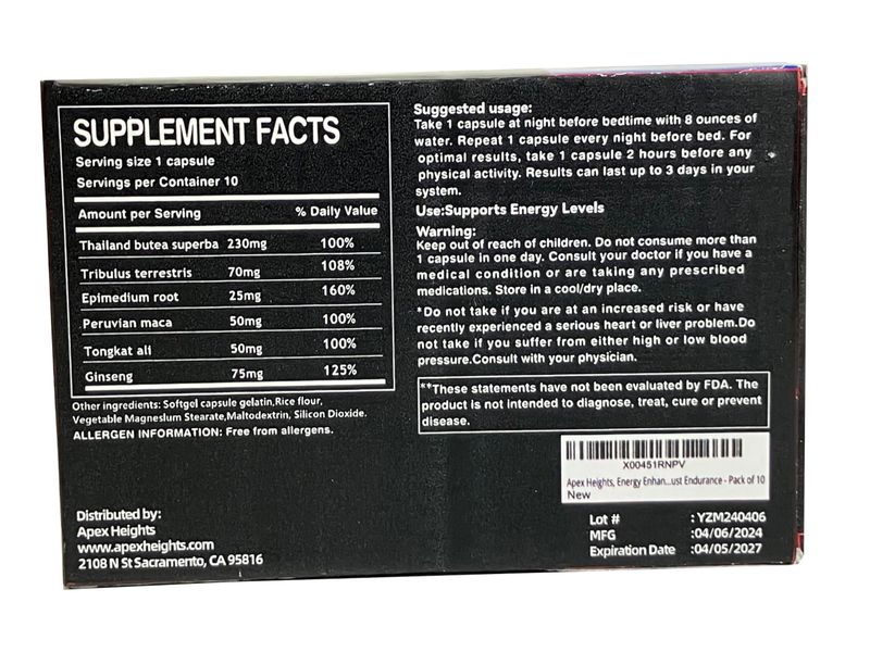 Apex Heights, Energy Supplement, Butea Superba Helps Higher Levels of Vitality - Pack of 10