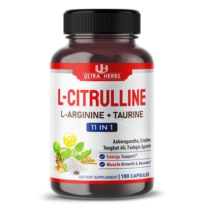 L-Citrulline Supplement Capsules Enriched with L-Arginine, Taurine, Creatine, Tongkat Ali, Fadogia Agrestis | Ultra Nitric Oxide Booster for Muscle Endurance, Stamina &amp; Recovery | 180 Capsules