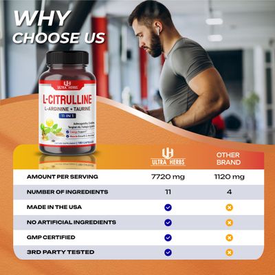 L-Citrulline Supplement Capsules Enriched with L-Arginine, Taurine, Creatine, Tongkat Ali, Fadogia Agrestis | Ultra Nitric Oxide Booster for Muscle Endurance, Stamina &amp; Recovery | 180 Capsules
